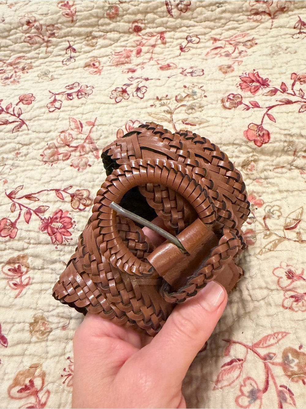 Vintage Brown Woven Leather Belt with Round Buckle